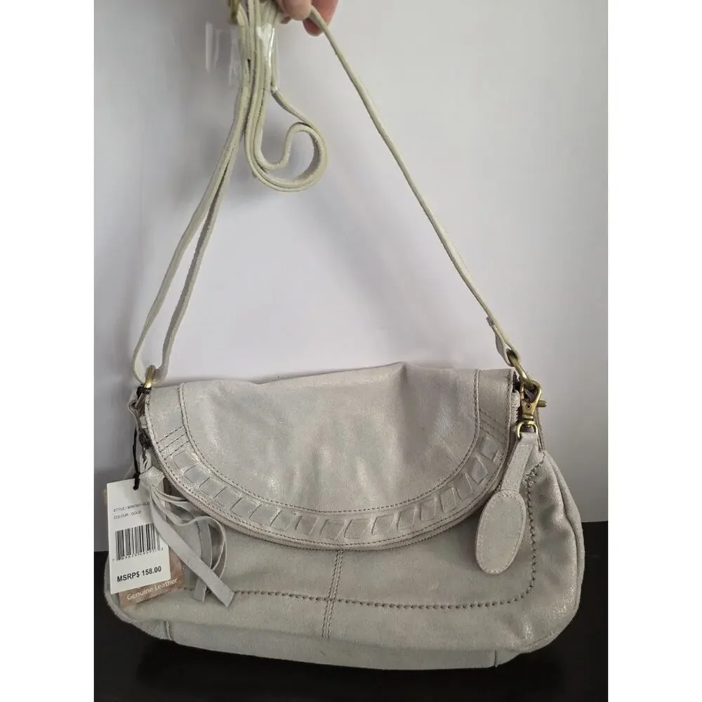 New Born Stonefield Leather Crossbody Bag Purse Winter White Gold Sheen